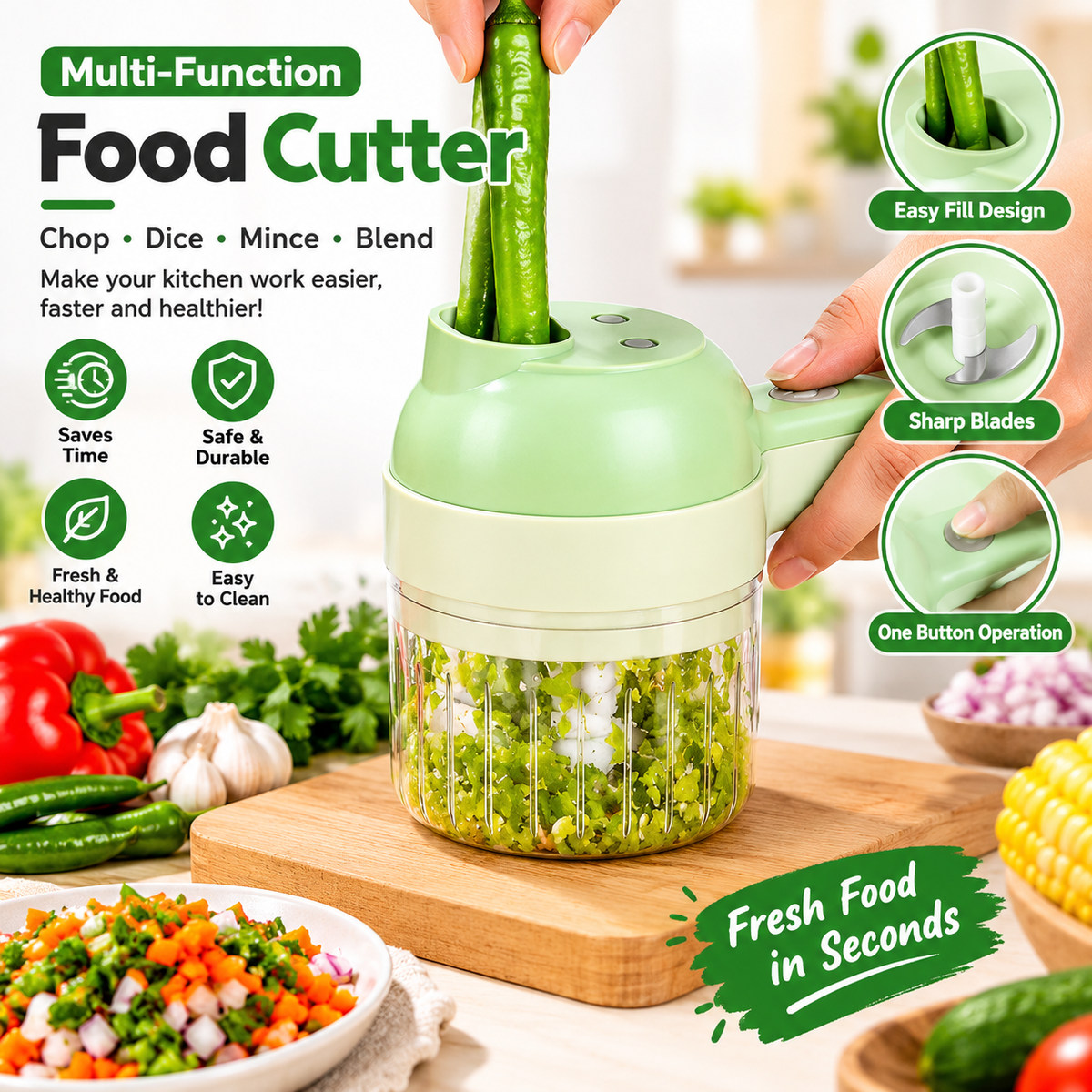 Rechargeable 4 In 1 Electric Vegetable Cutter With Multi-Function Slicer